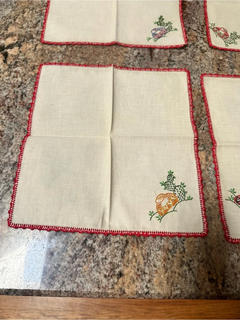 Embroidered Cactus Napkin Set with Red Crochet Edge